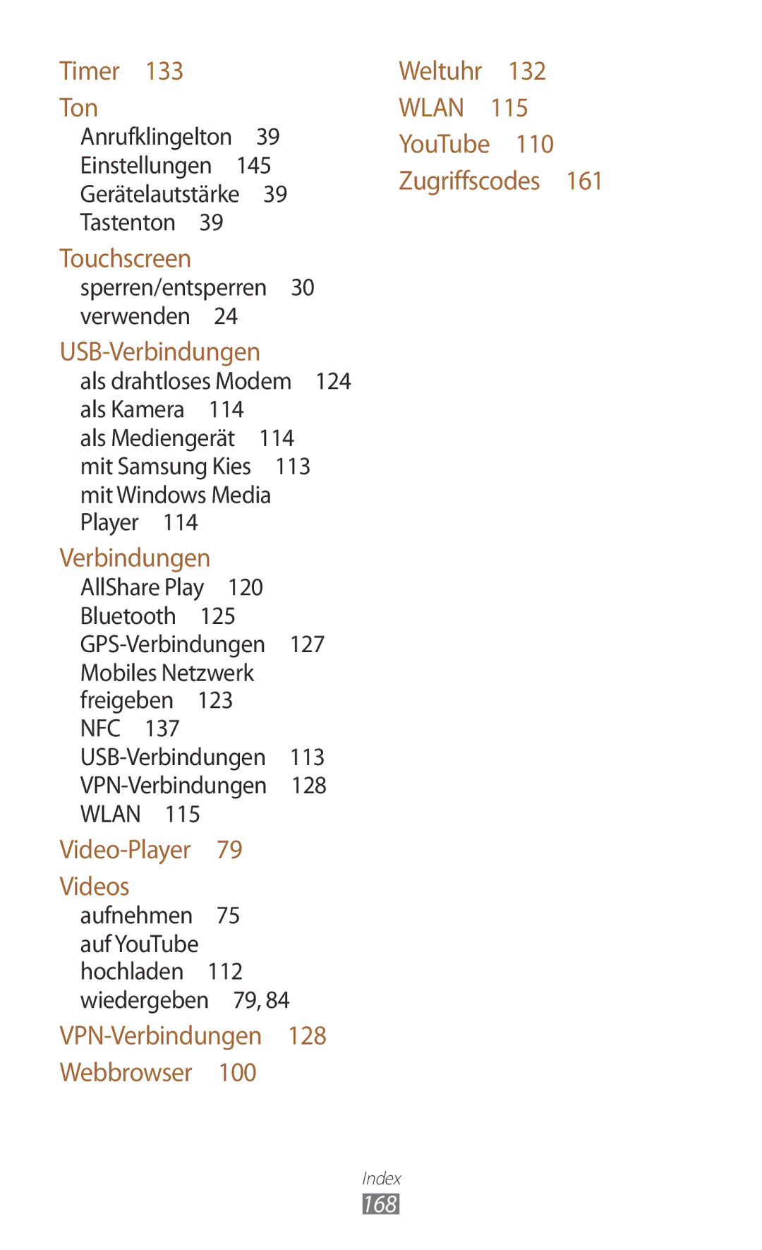 Samsung GT-I9305OKDVIA, GT-I9305OKDTMN, GT-I9305RWDCOS, GT-I9305RWDDTM, GT-I9305OKDTPH manual 168, Einstellungen , 114 